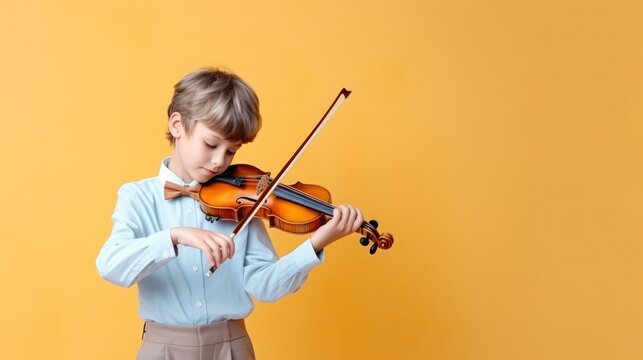 School musician kid play violin, music instrument