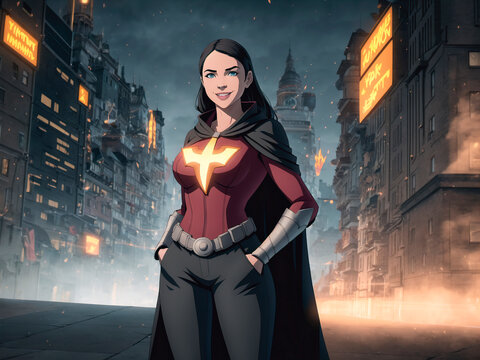A female super hero soars against the backdrop of an urban landscape