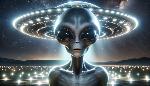 Raumschiff Alien vor Ufo im Weltall Generative AI