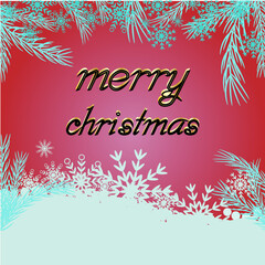 Merry Christmas greeting card, text, snow on red background.