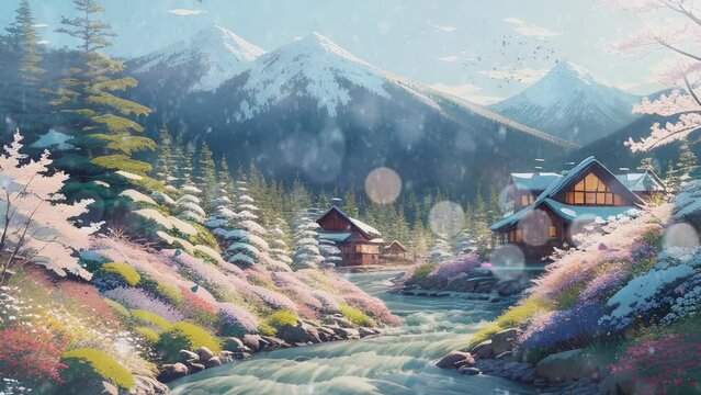 landscape with lake and the mountains in snowy winter. Cartoon or Japanese anime illustration painting style. seamless looping 4K virtual video animation background.