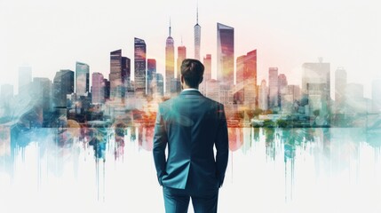Double exposure of businessman and future city, Investment and modern technology. - obrazy, fototapety, plakaty