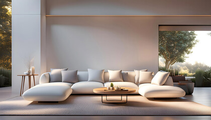 Modern design of a relaxation area with a soft sofa near the house, modern hygge style,