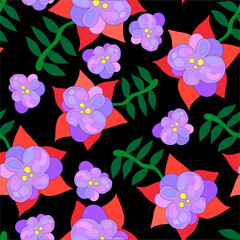 Purple, red, green floral seamless pattern. purple night themed floral seamless pattern. It is suitable for fabric, textile, wrapping, decoration and more.