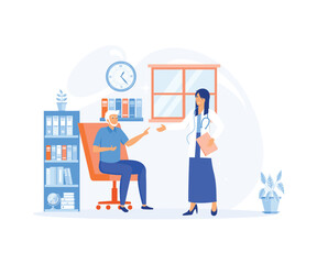  Man in a Medical Consultation with a Geriatrician Doctor Prioritizing Senior Health and Well being. flat vector modern illustration 