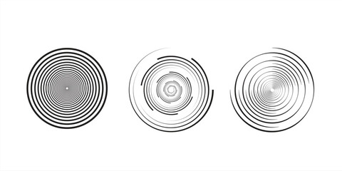 Set elemen spiral , Set of spiral and rotating motion elements, black isolated objects. Different brush textures, vector illustration.