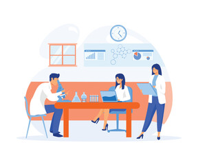 Professional scientists, doctors and chemical researchers working and analysis in laboratory experiment.  flat vector modern illustration 