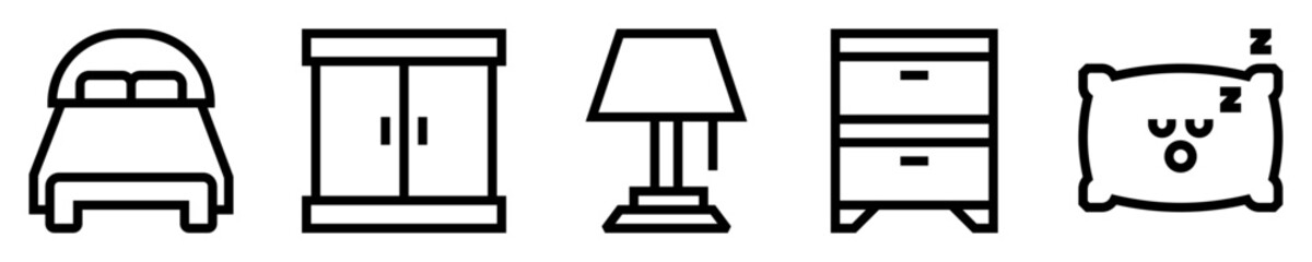 Conjunto de iconos de dormitorio. Habitación y relajación personal. Cama, armario, lámpara, mesita de noche, almohada. Ilustración vectorial - obrazy, fototapety, plakaty