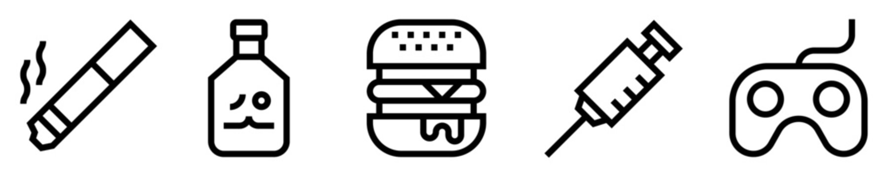 Conjunto de iconos de malos h&aacute;bitos.  Adicciones y vicios. cigarrillo, bebida alcoh&oacute;lica, comida r&aacute;pida, medicamento, droga, videojuegos. Ilustraci&oacute;n vectorial