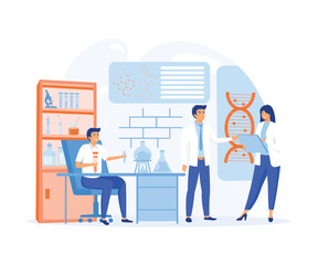 Genetic science. DNA molecule laboratory research, gene structure information.  flat vector modern illustration 