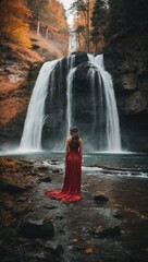 long exposure, woman at waterfall