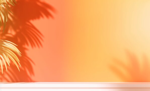 Abstract Gradient Orange Studio Background For Product Presentation. Empty Room With Shadows Of Window And Flowers And Palm Leaves . 3d Room With Copy, Generative AI 