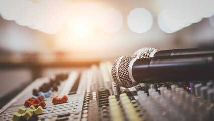 Close-up microphone and sound mixer in studio for sound record control system and audio equipment...