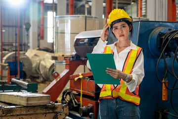 Professional quality control inspector conduct safety inspection on machinery and manufacturing process in factory. Female engineer overseeing process optimization in mechanical facility. Exemplifying