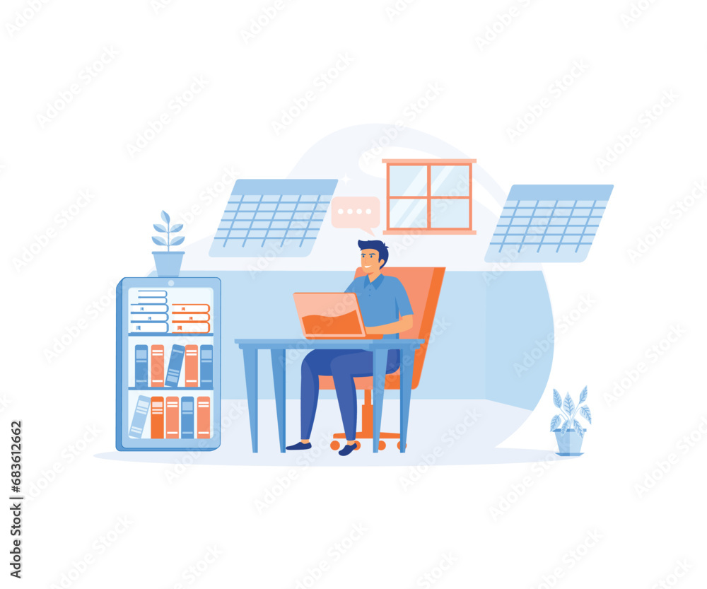 Poster man working with big data and databases, using laptop and excel tables. flat vector modern illustrat