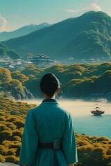 femme asiatique, coréenne, vue de dos, contemplant un paysage montagneux spectaculaire. Ses traits caractéristiques et la posture suggèrent une admiration tranquille devant la beauté naturelle qui s’é