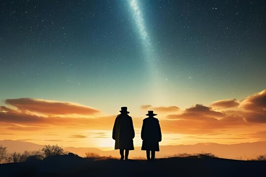 L'image présente deux hommes portant des chapeaux, aux regards doux, observant un magnifique coucher de soleil. Leurs silhouettes se détachent contre le ciel aux teintes chaudes, créant une scène pais