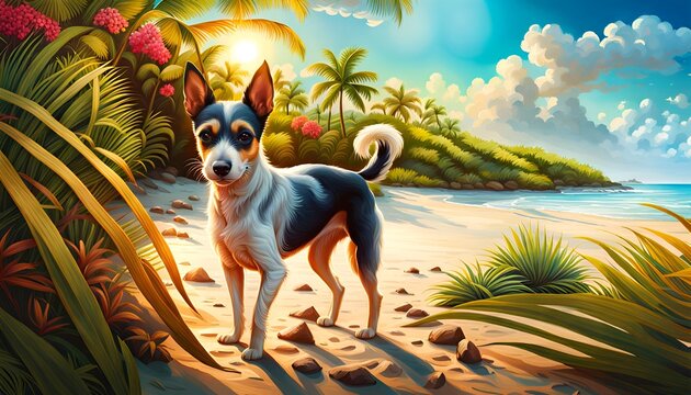 Perro de raza peque&ntilde;a paseando por una playa caribe&ntilde;a
