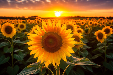 Sunrise in sunflower field. Generative AI
