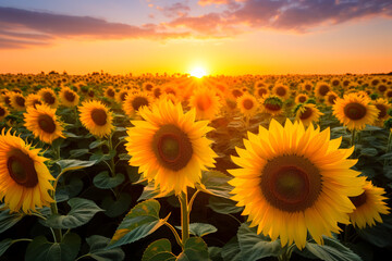 Sunset in sunflower field. Generative AI