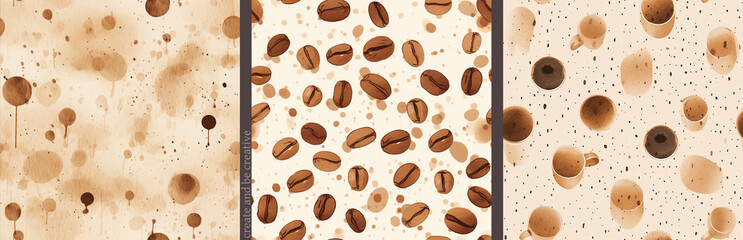 Printable seamless pattern coffe themed collection set. splashes, coffee beans, liquid. Soft pastel brown, creamy. Print, poster, banner, textile design, cafe, drinks