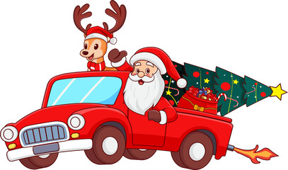 Santa claus driving a car with reindeer