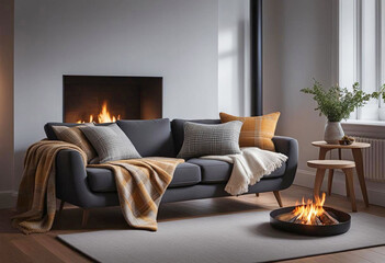 Modern design of a relaxation area with a soft sofa near the house, modern hygge style,