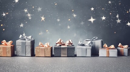 A row of sparkling gift boxes with glittering accents arranged against a shimmering silver...