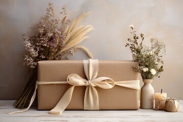 A rustic-themed gift box embellished with natural elements like twine and dried flowers, set on a vintage-style backdrop. - obrazy, fototapety, plakaty