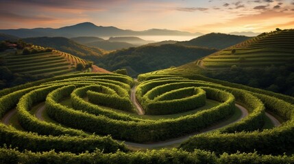 A scenic vineyard with rows of grapevines forming a heart-shaped pattern in the landscape.