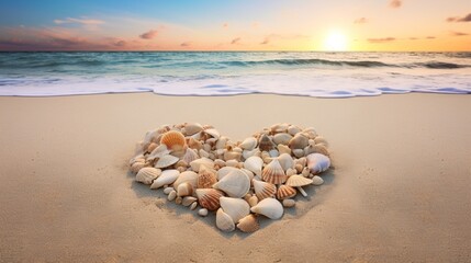 Fototapeta na wymiar A serene beach setting with seashells arranged in the shape of a heart on the sandy shore.