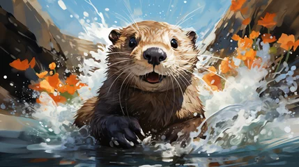 Tuinposter A cute river otter swims in the river.  © Hizaz