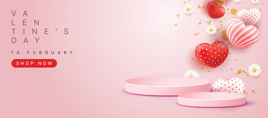 Valentine's day sale banner background with with product display cylindrical shape.