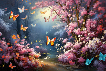 Fototapeta na wymiar An enchanting image of a garden filled with fluttering butterflies and blooming flowers. The vibrant colors of both the butterflies and the blossoms