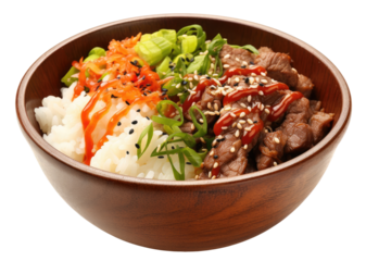 Wooden bowl with beef with rice isolated on transparent background, Asian cuisine