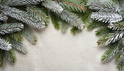 Christmas background with frosty fir and Christmas decorations on white paper texture table. Top view. Copy space for text.