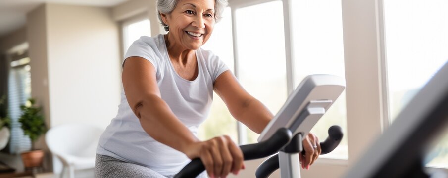 Cropped picture of a smiley mature Scandinavian woman during workout on a smart exercise bike at home. A scientific approach to training for maximum performance