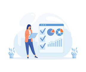 Digital marketing and promotion. Woman characters analyzing graph, charts and planning marketing strategy to achieve business goals.  flat vector modern illustration 