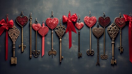 A set of ornate keys with heart-shaped keychains hanging by a red ribbon against a textured background. - Powered by Adobe