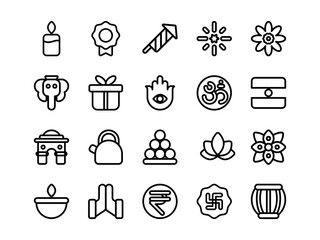 Diwali Icon Pack Outline Style. Religion and Cultural Icons Collection, Perfect for Websites, Landing Pages, Mobile Apps, and Presentations. Suitable for UI UX.