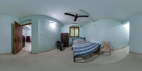 full seamless spherical hdri 360 panorama in interior of cheap bedroom guesthouse with blue walls...