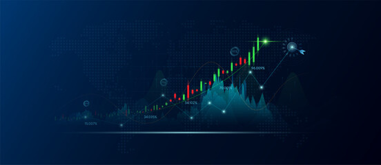 Chart stock market green red on dark blue background. Planning business strategy financial investment. Analysis candlestick with AI technology up trend of graph growth. Banners for advertising. Vector - obrazy, fototapety, plakaty