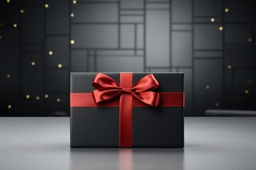 A sleek black gift box adorned with a vibrant bow, resting on a polished surface with ample copy space.