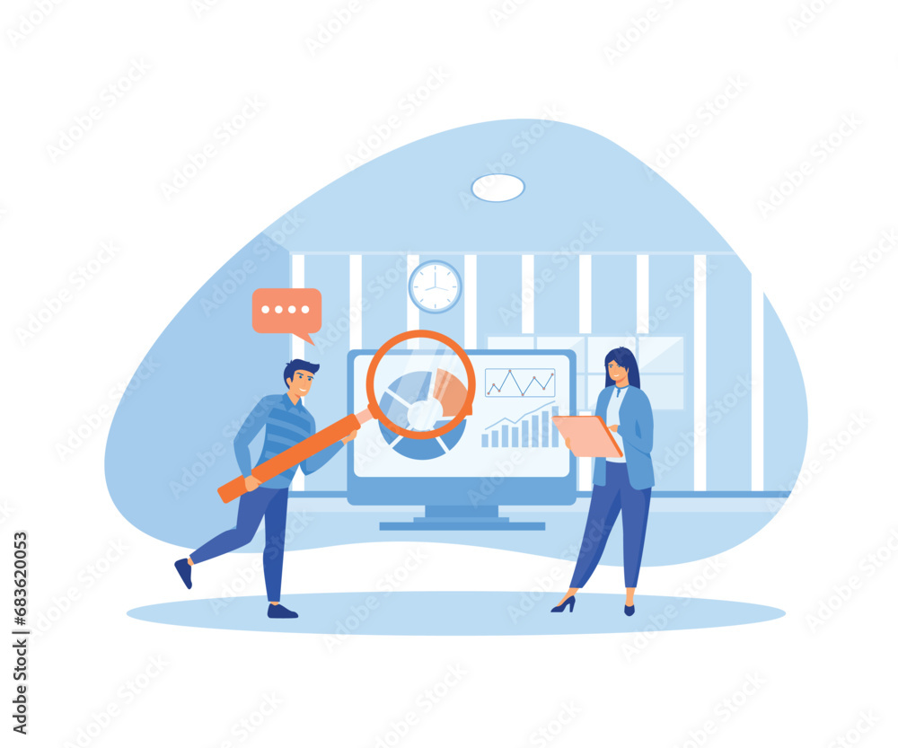Aufkleber man and girl with magnifying glass look at graphs and charts. work with statistics and marketing res
