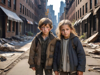 Niños pobres en la calle  vestido con ropa vieja