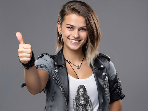 joven rockera  haciendo gesto positivo con las manos 