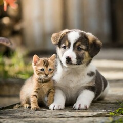 仲の良い子犬と子猫