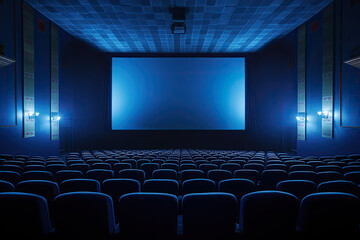 Empty of cinema in blue color with white blank screen. Generative AI