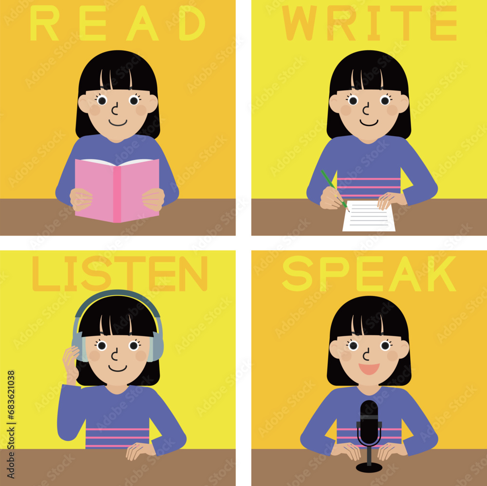 Fototapete 言語習得に必要な基本的な4つのスキルの動作をしている日本人女性の上半身イラストセット
