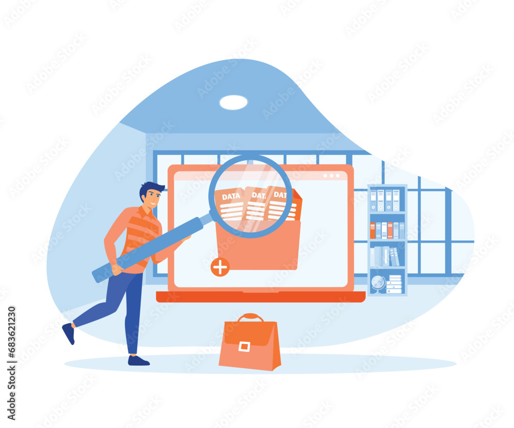 Poster male worker add files to big folder. storage and indexing of information. flat vector modern illustr